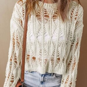 White Cut Out Crochet Crew Neck Loose Fit Sweater