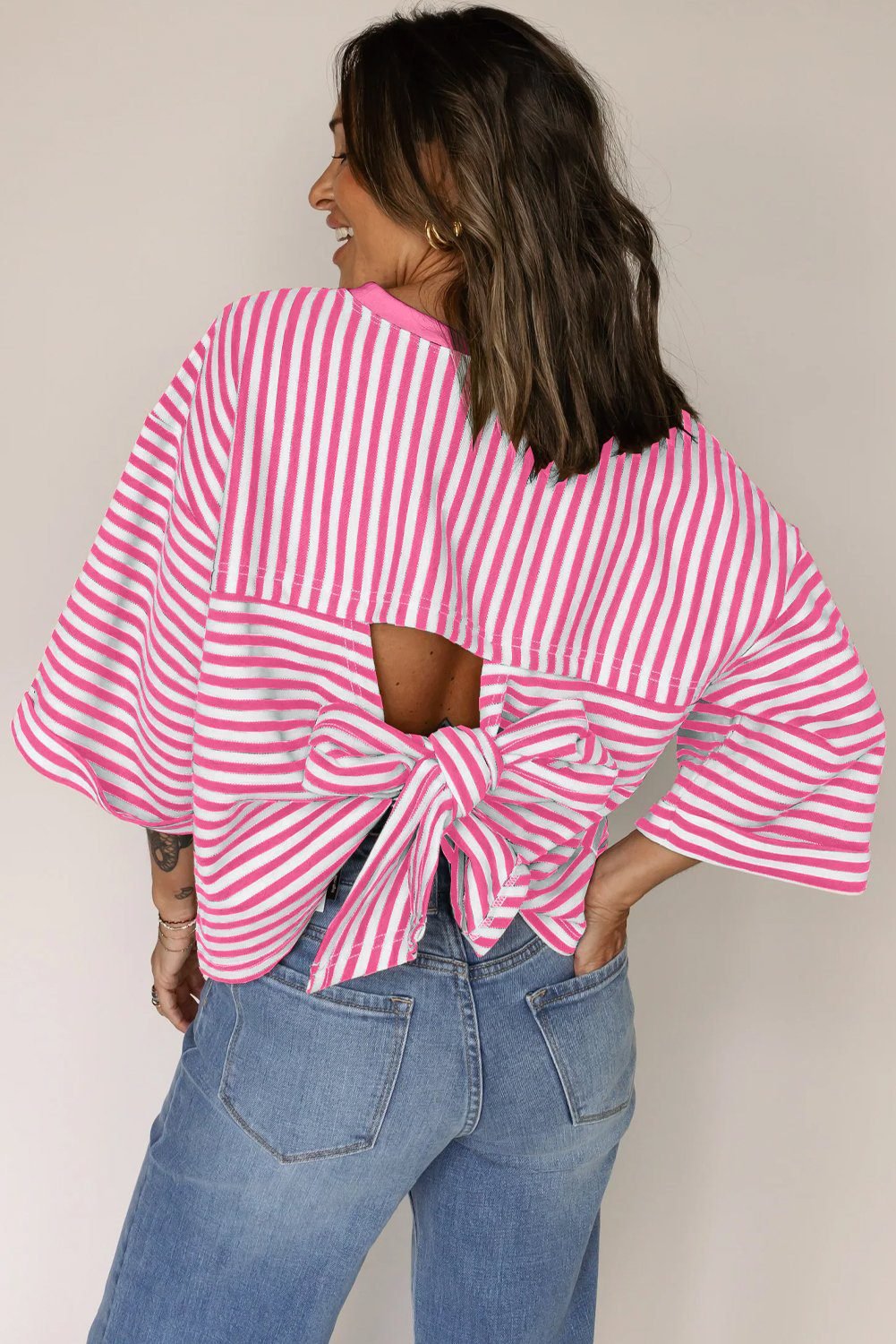 Pink Stripe Bowknot Cutout Back Drop Shoulder Wide Bracelet Sleeve Loose Tee