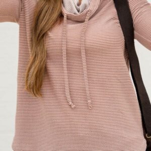 Pale Chestnut Horizontal Twist Ribbed Drawstring Cowl Neck Knit Top