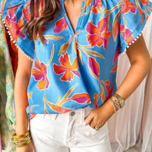 Sky Blue Floral Print V Neck Pompom Trim Flutter Sleeve Blouse
