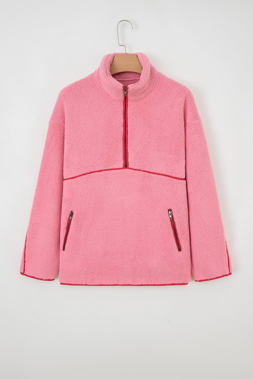 Strawberry Pink Sherpa Contrast Faux Leather Trim Half Zip Pocketed Pullover Sweatshirt