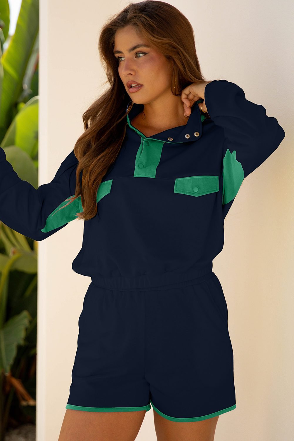 Navy Blue Color Block Patchwork Half Button Pullover And Shorts 2Pcs Outfit