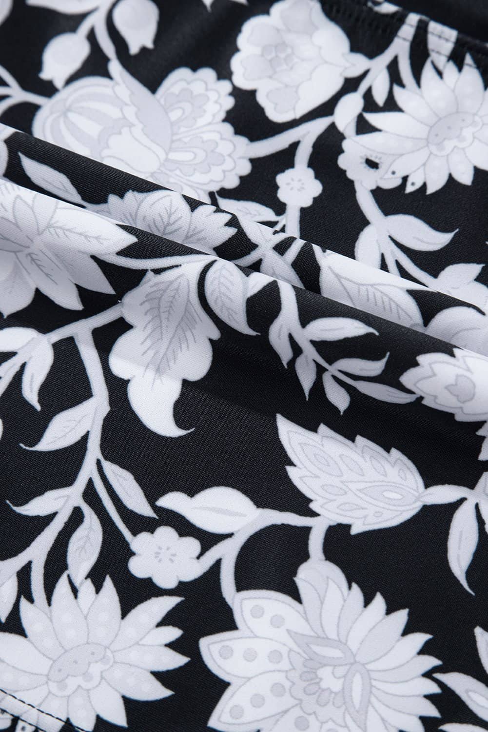 Black Plus Size Printed Square Neck Drawstring Ruffled Tankini Set