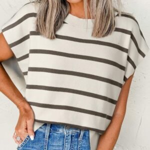 Brown Stripe Side Slits Crewneck Short Sleeve Sweater Tee
