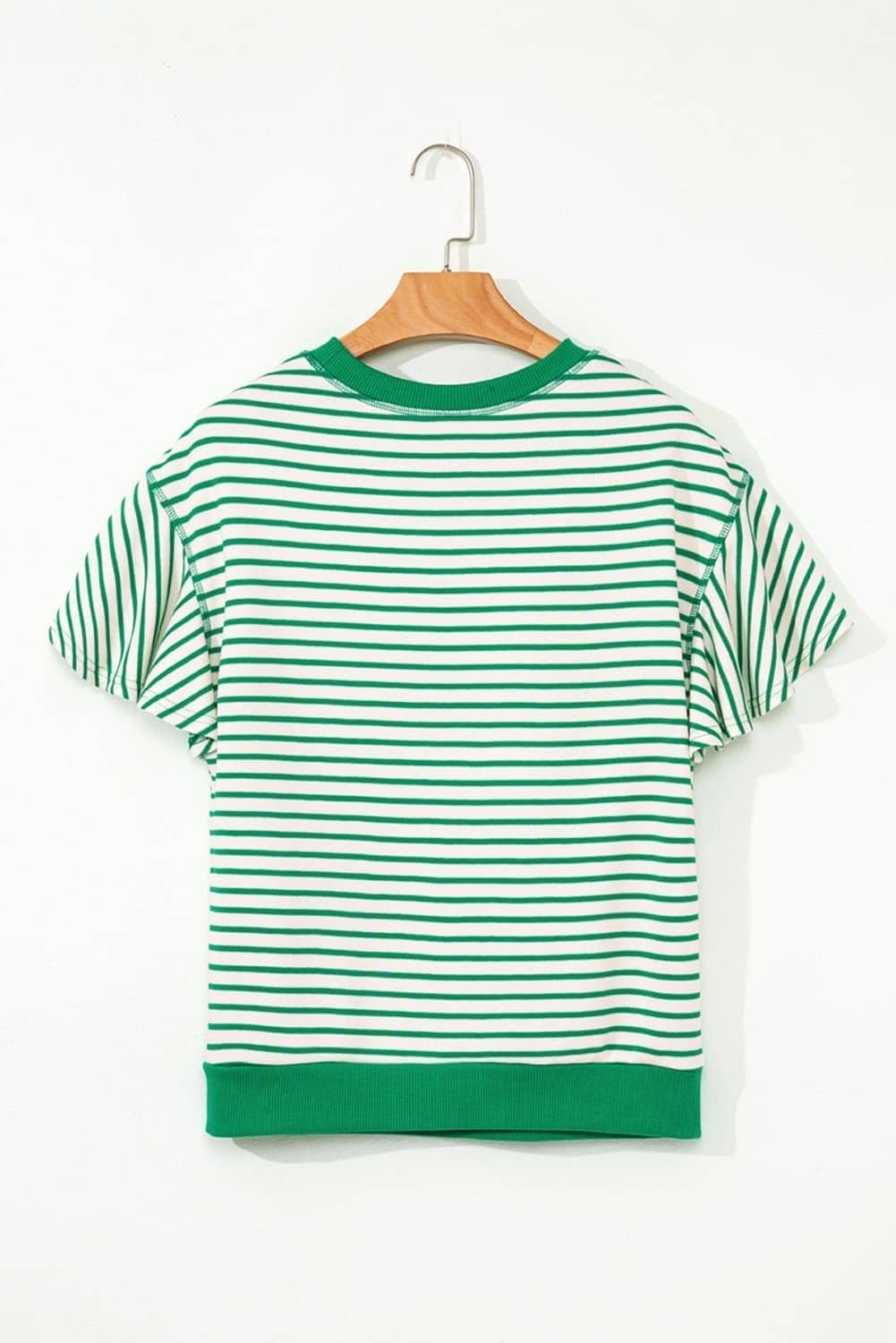 Bright Green Contrast Detail Striped Ruffle Short Sleeve Top