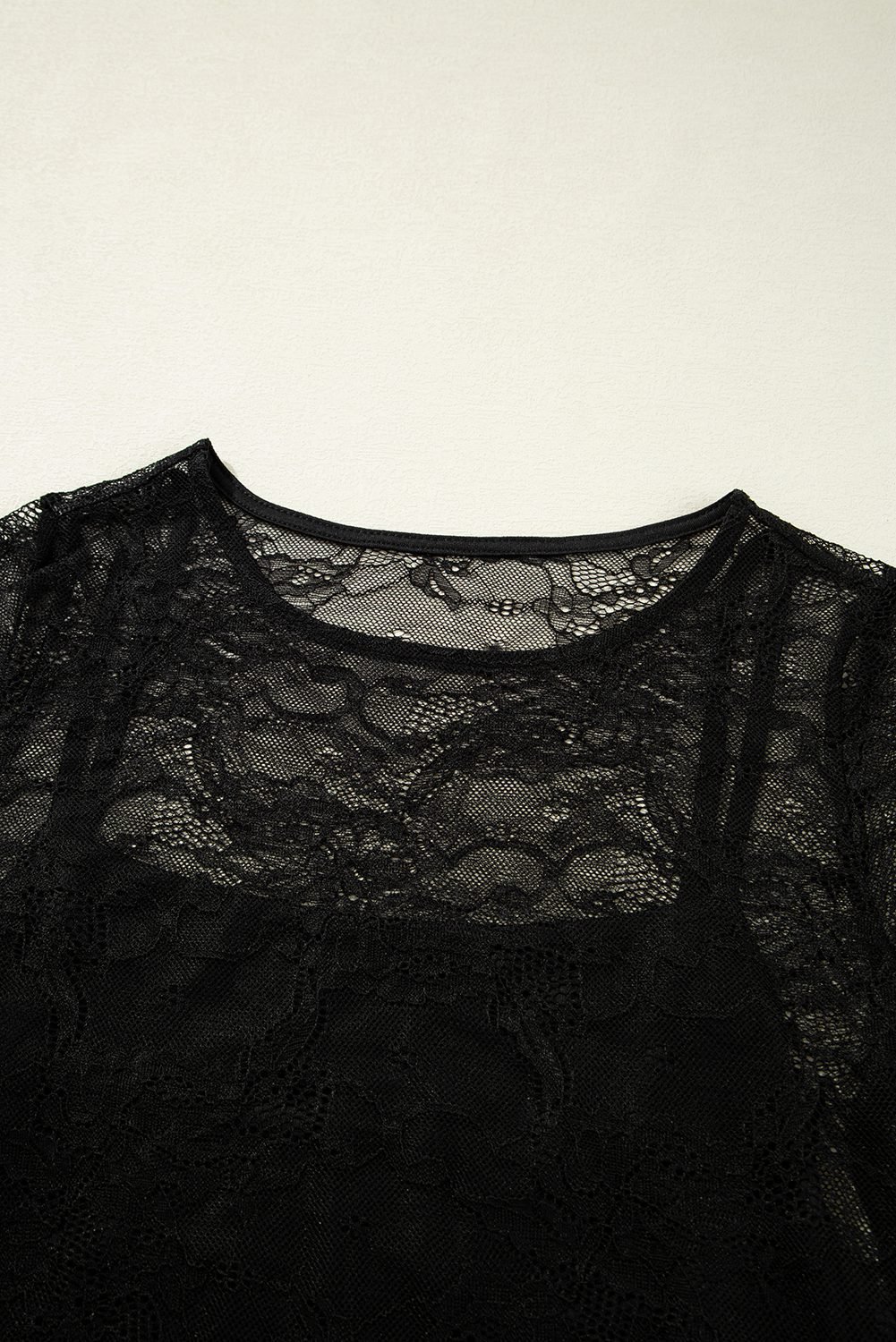 Black Lace Crochet Mesh Patched Slim Fit Long Sleeve Top