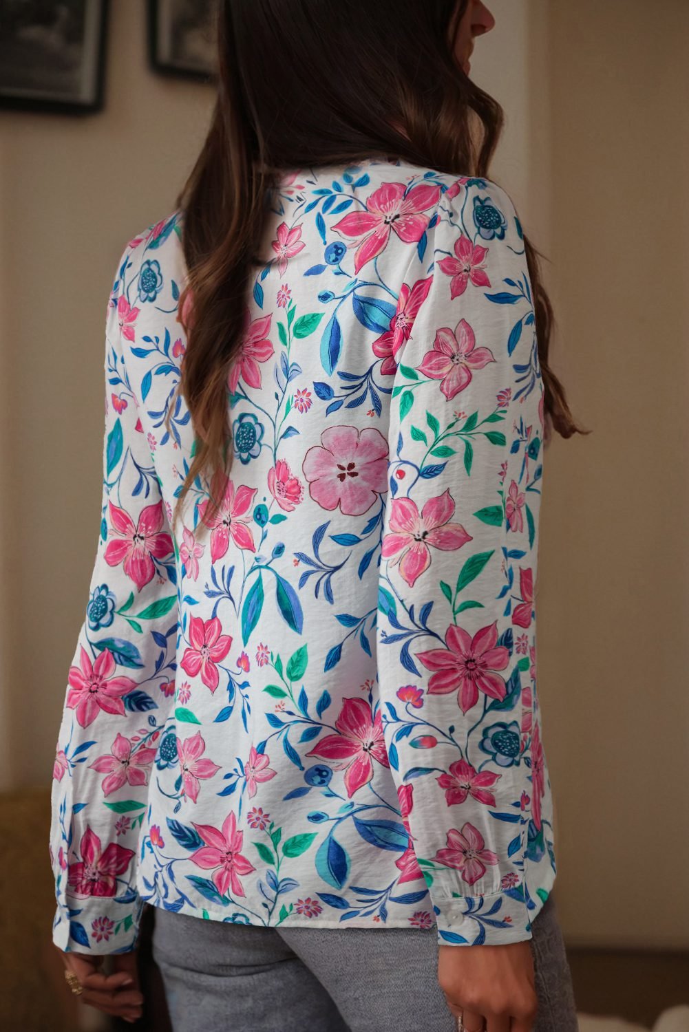 Pink Floral Print Lace Detail Button-Up Long Sleeve Shirt