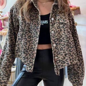 Dark Khaki Leopard Print Corduroy Irregular Hem Buttoned Jacket