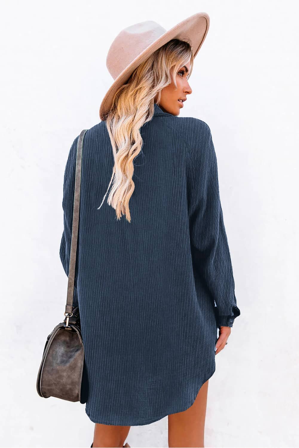 Blue Corduroy Shirt Style Full Button Long Sleeve Shift Mini Dress