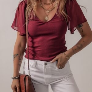 Red Dahlia Mesh Ruffled Sleeve Slim Fit V Neck Top