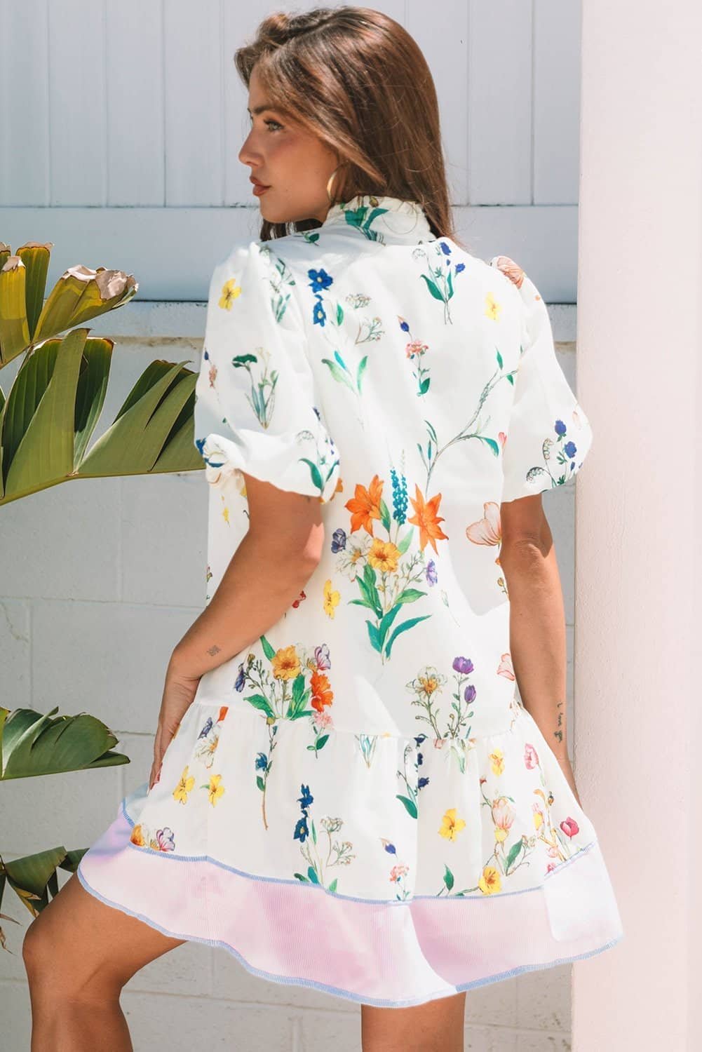 White Floral Print Contrast Striped Patchwork Short Puff Sleeve Dress