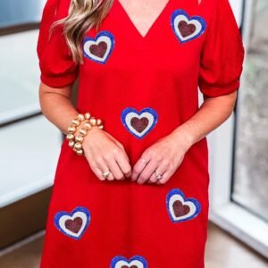 Fiery Red Heart Shape Patchwork Textured Collared V Neck Mini Dress