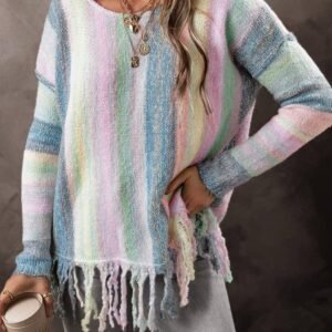 Purple Color Block Fringed Drop Shoulder Tunic Sweater