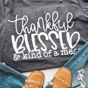 Gray Blessed Letter Graphic Print Crew Neck T Shirt