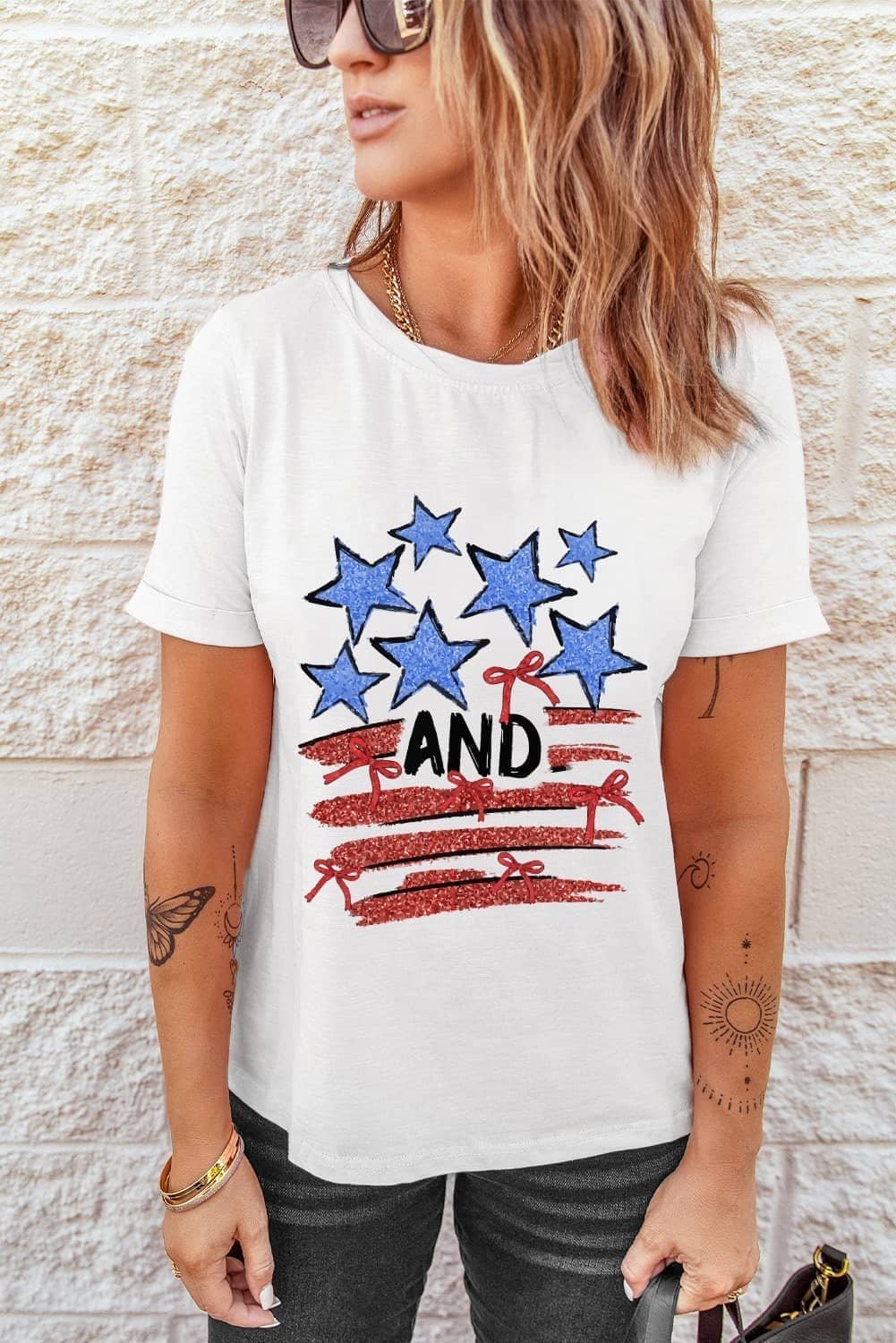 White Stars And Stripes Bow Graphic T Shirt