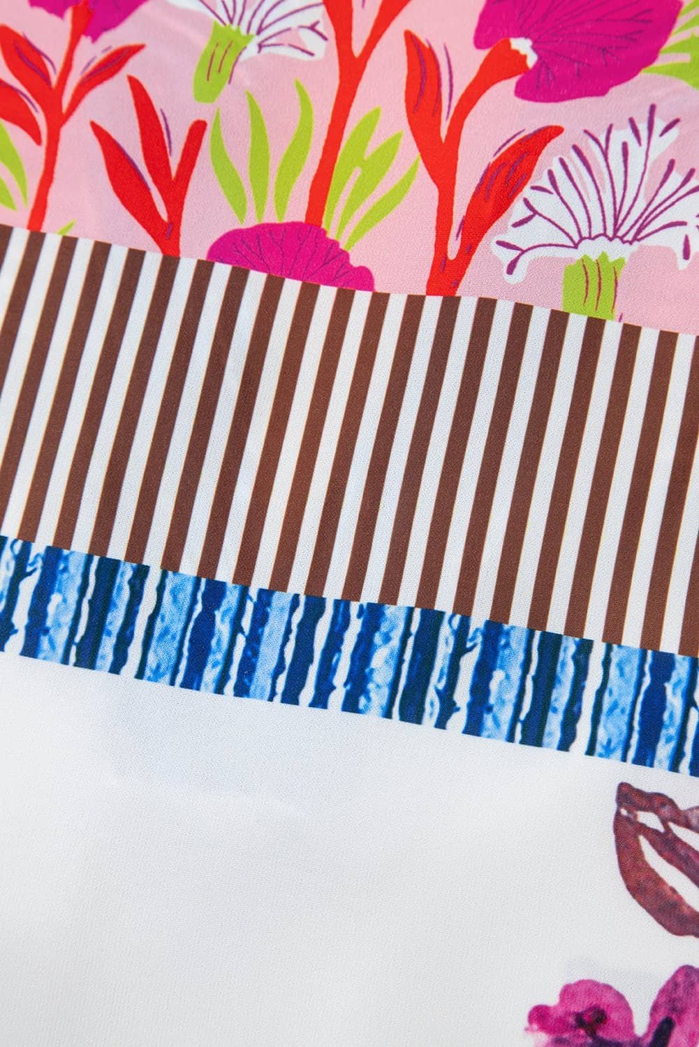 Pink Floral Striped Patchwork Short Sleeve Split Neck Blouse