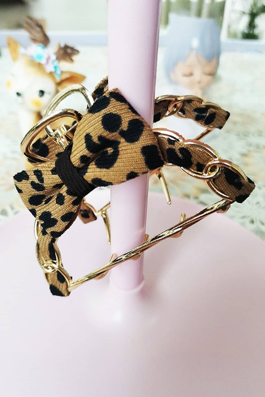 Camel Leopard Print Bow Decor Alloy Hair Claw Clip