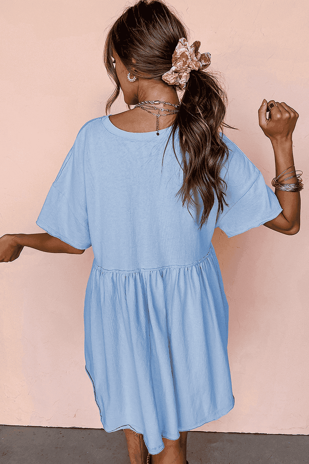 Sky Blue Usa Flag Print Short Sleeve High Waist Babydoll Dress