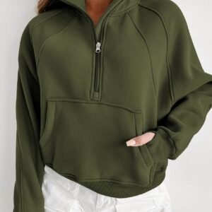 Green Zip Up Stand Collar Ribbed Thumbhole Sleeve Sweatshirt