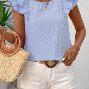 Beau Blue Textured Bow Knot Frilled Butterfly Sleeve Blouse