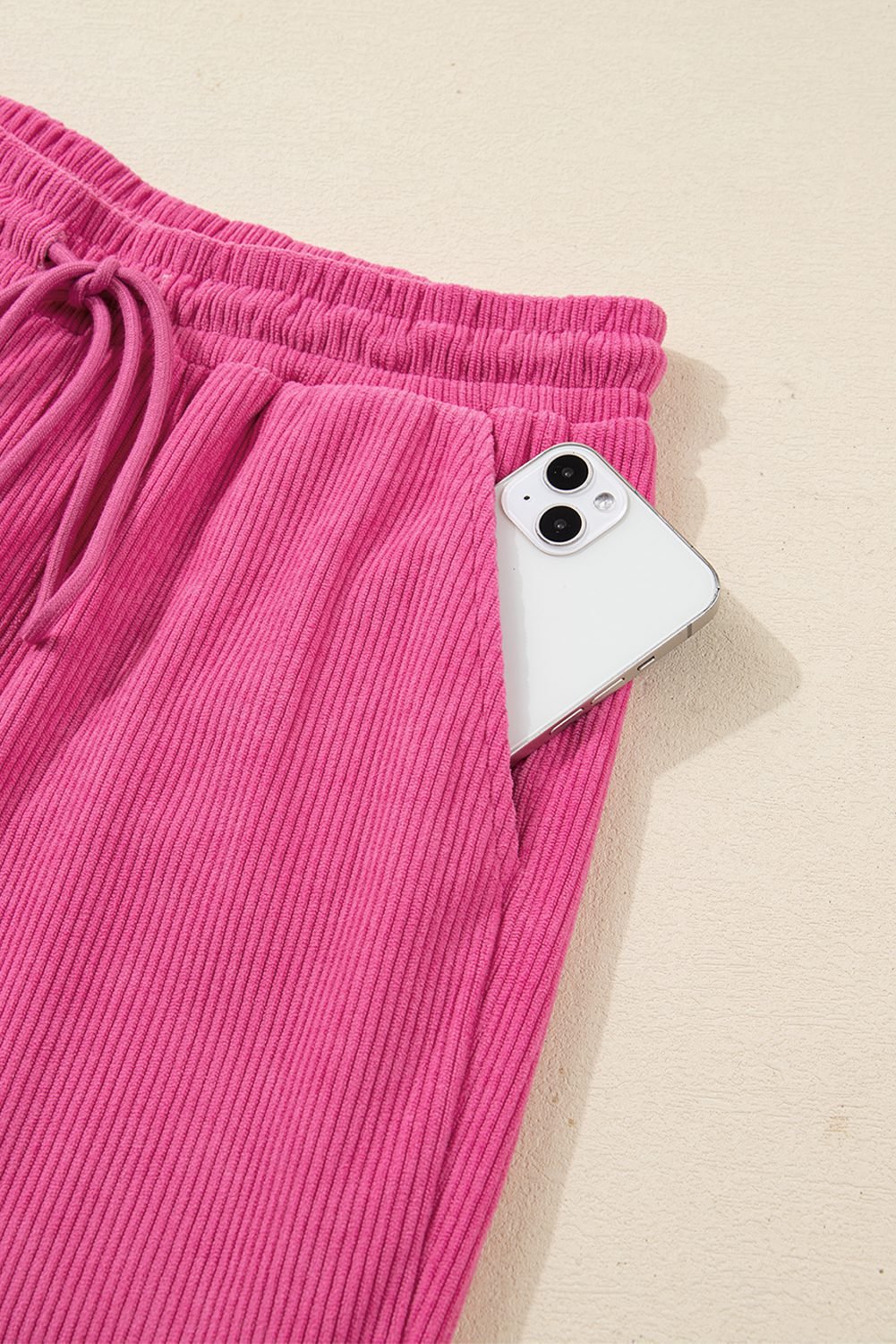 Peach Blossom Half Button Pullover Drawstring Pants Solid Color Corduroy 2Pcs Outfit