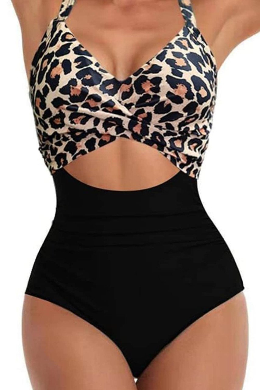 Black Leopard 2-Tone Crossed Cutout Backless Monokini - Image 3