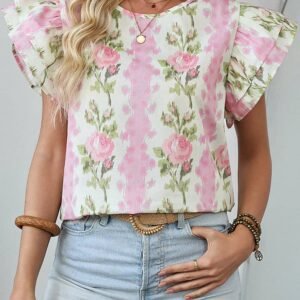 Pink Floral Print Ruffled Sleeve Summer Top