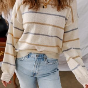 Multicolour Striped Ribbed Edge Drop Shoulder Sweater