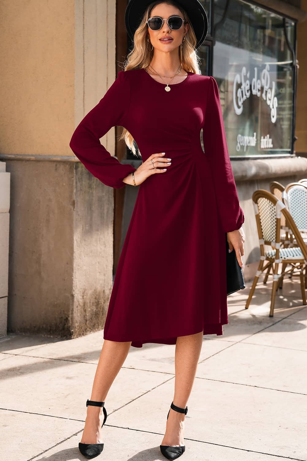 Burgundy Solid Color Ruched Detail Long Sleeve Midi Dress