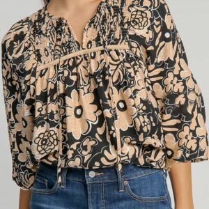 Black Floral Shirred Yoke Bracelet Sleeve Split Neck Boho Blouse