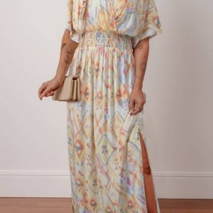 Multicolour Geometric Print Half Sleeve Shirred High Waist Maxi Dress
