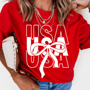 Red Usa Bow Printed Casual Cotton Blend T Shirt