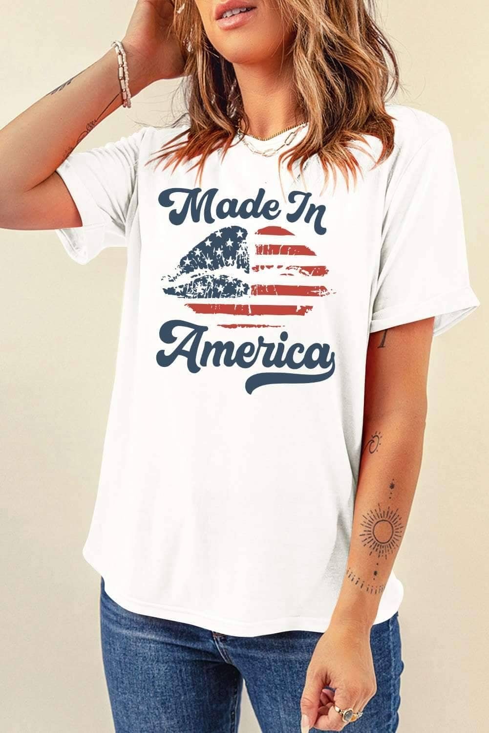 White Made In America Lip Printed O Neck T Shirt