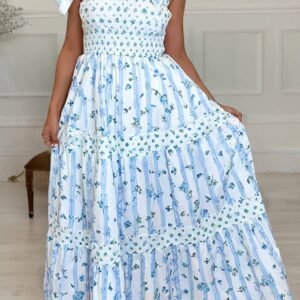 Sky Blue Floral Smocked Tied Straps A-Lined Tiered Maxi Dress