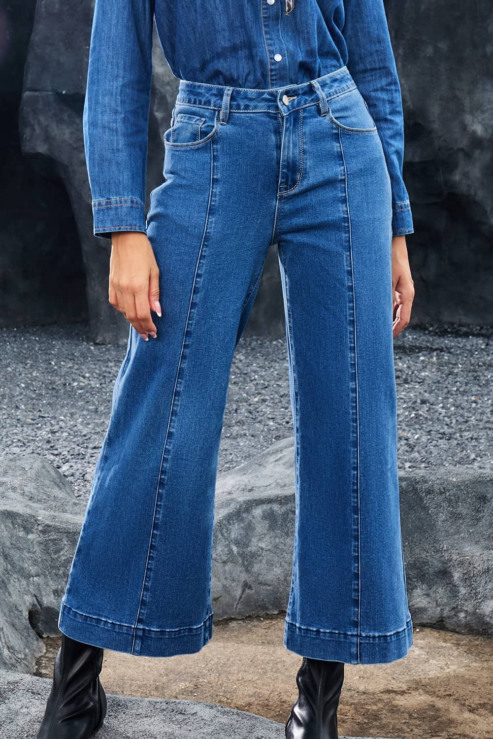 Dark Blue Plain Seam Detail Flared Bottom Ankle Length Jeans