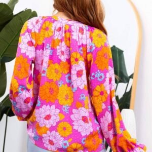 Rose Floral Print Flounce Sleeve Notched Neck Blouse