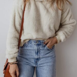 White Contrast Ribbed Edge Plush Hoodie