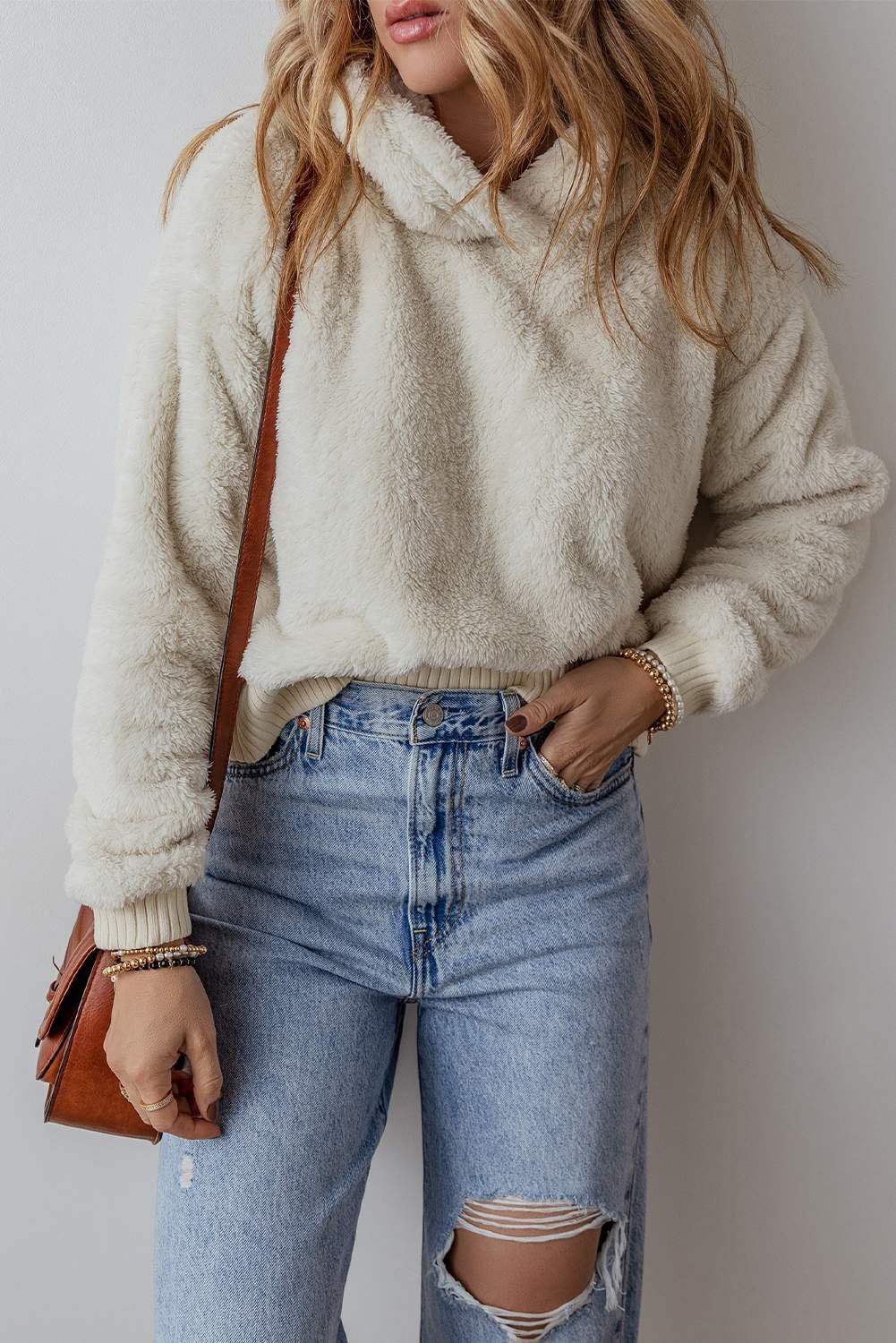 White Contrast Ribbed Edge Plush Hoodie