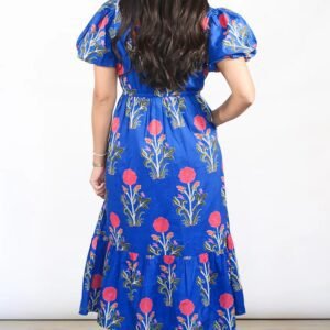 Sky Blue Floral Puff Short Sleeve V Neck High Waist Maxi Dress