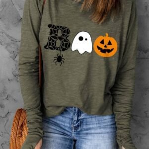 Green Halloween Boo Print Long Sleeve Graphic T Shirt