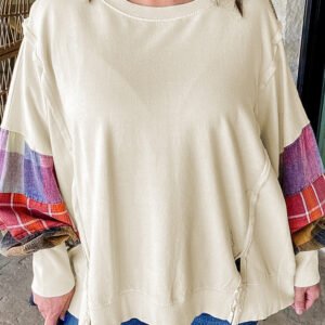 Beige Plus Size Multicolor Plaid Patchwork Sleeve Pullover Top