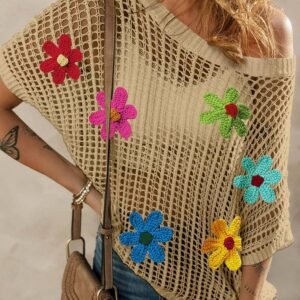 Light French Beige Crochet Flower Hollow-Out Sweater T Shirt
