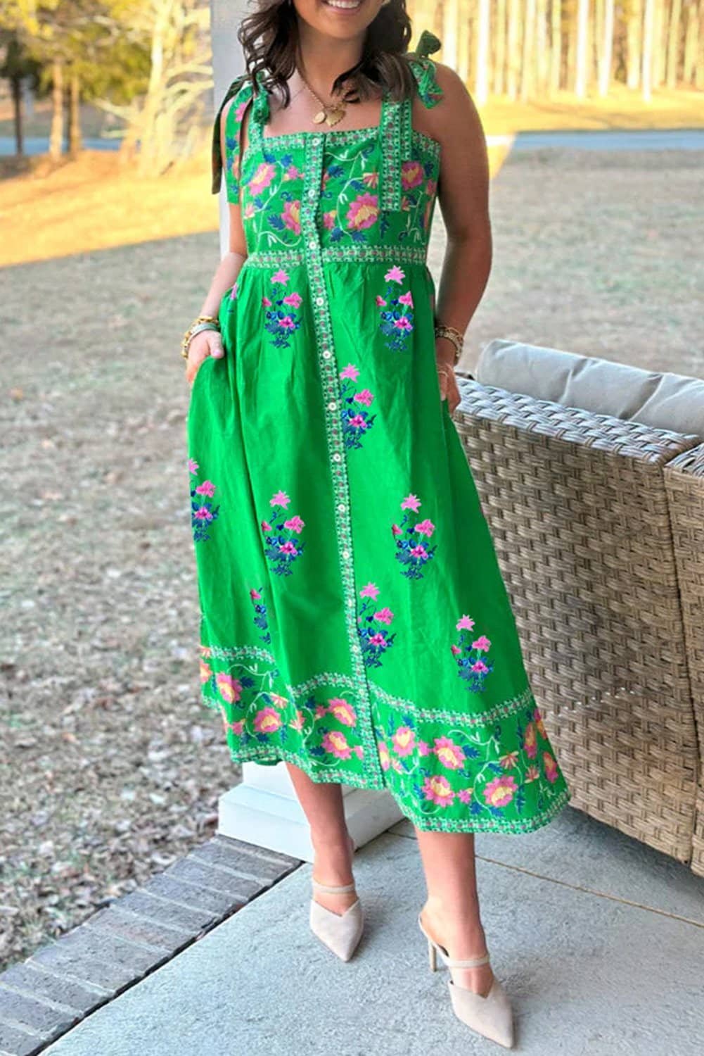 Green Floral Print Contrast Trim Knotted Straps Midi Dress