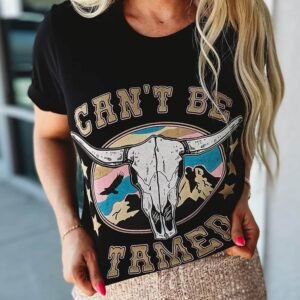 Black Western Can'T Be Tamed Longhorn Graphic T Shirt