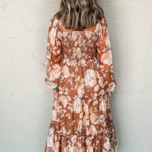 Brown Floral Print Shirred Square Neck High Waist Maxi Dress