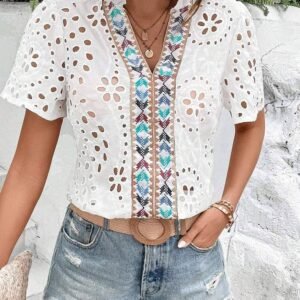 White Geometric Embroidery Hollow Out Blouse