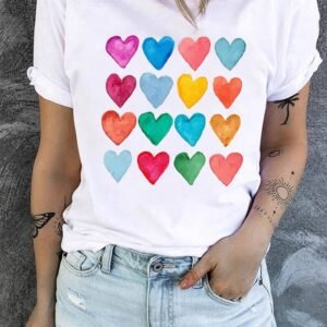 White Colorful Heart Shaped Print Crew Neck T Shirt