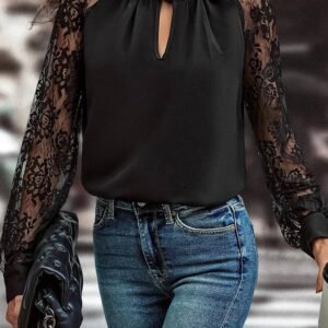 Black Keyhole Neckline Floral Lace Raglan Sleeve Blouse