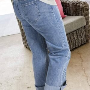 Dusk Blue Foiled Star Patchwork Straight Leg Loose Jeans