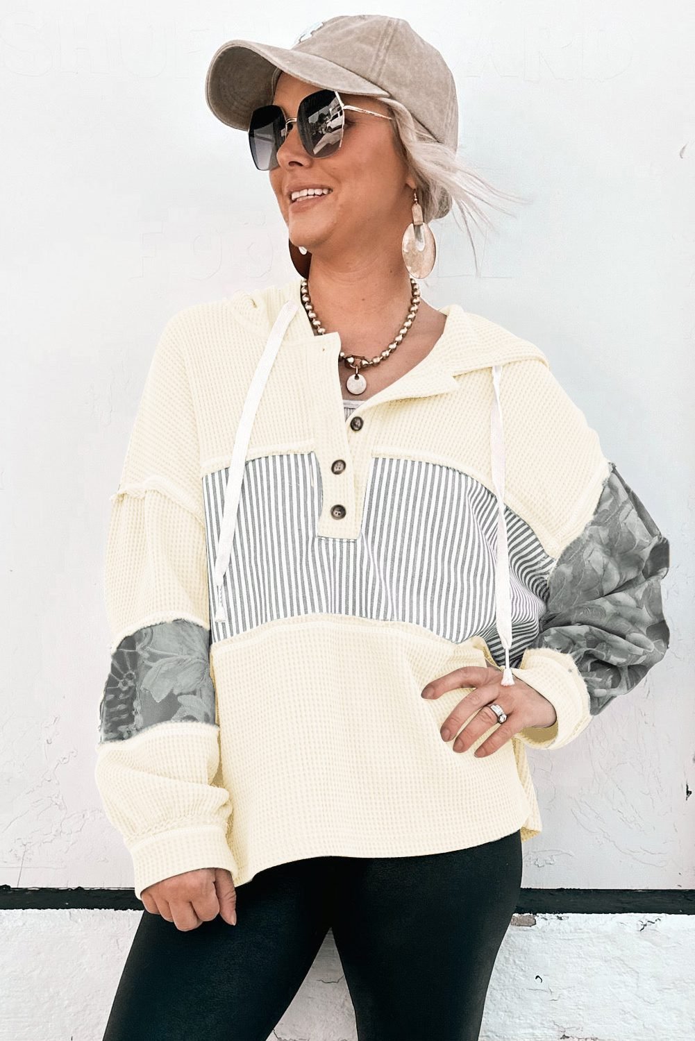 White Waffle Printed Patchwork Drawstring Hooded Long Sleeve Top